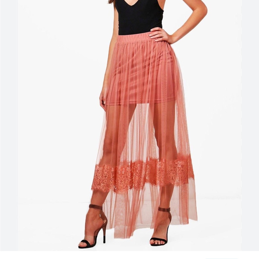 Boohoo Dusty Pink Lace Maxi Skirt
